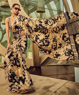 beige geometric printed satin saree 2