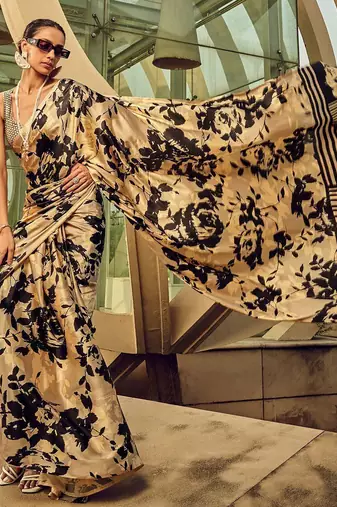 beige geometric printed satin saree