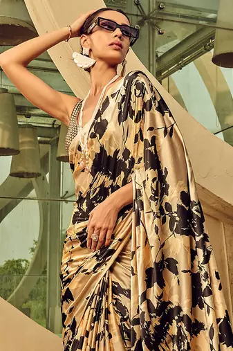 beige geometric printed satin saree