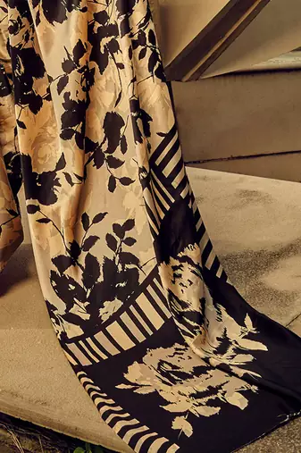 beige geometric printed satin saree