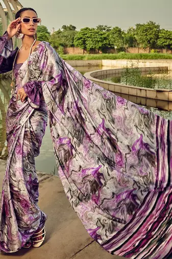 purple geometric printed satin saree
