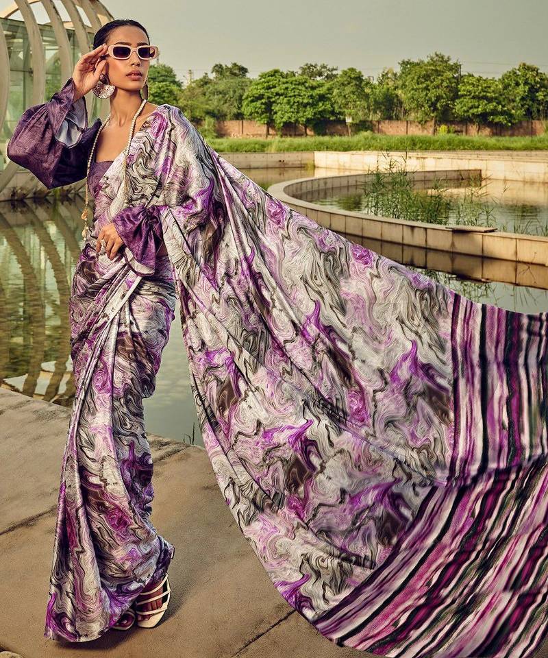 purple geometric printed satin saree
