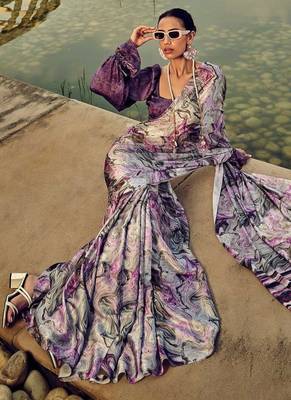 purple geometric printed satin saree 2