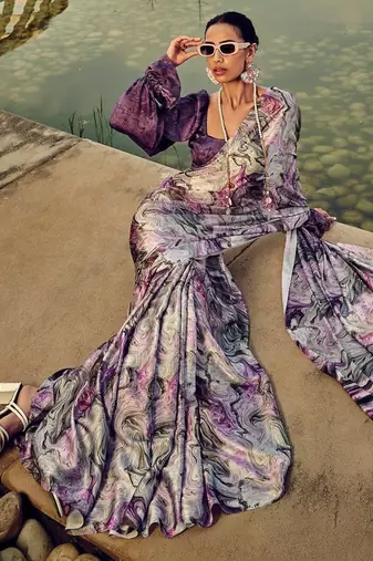 purple geometric printed satin saree