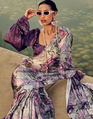 purple geometric printed satin saree 3