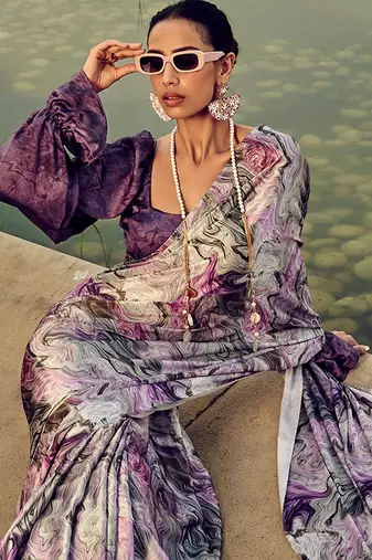 purple geometric printed satin saree