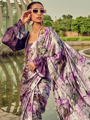 purple geometric printed satin saree 4