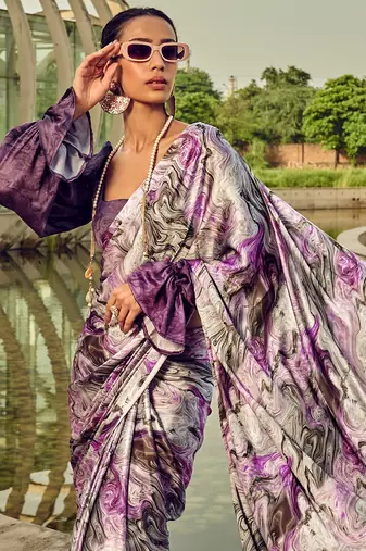 purple geometric printed satin saree