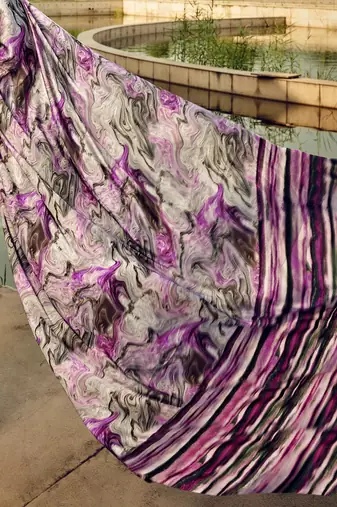 purple geometric printed satin saree