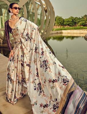 cream floral printed satin saree 1