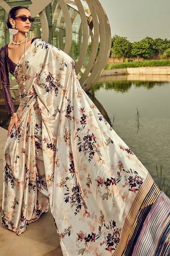 cream floral printed satin saree