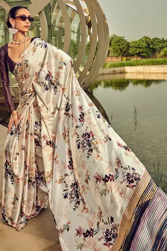 cream floral printed satin saree