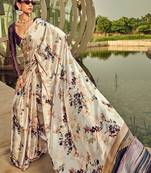 cream floral printed satin saree