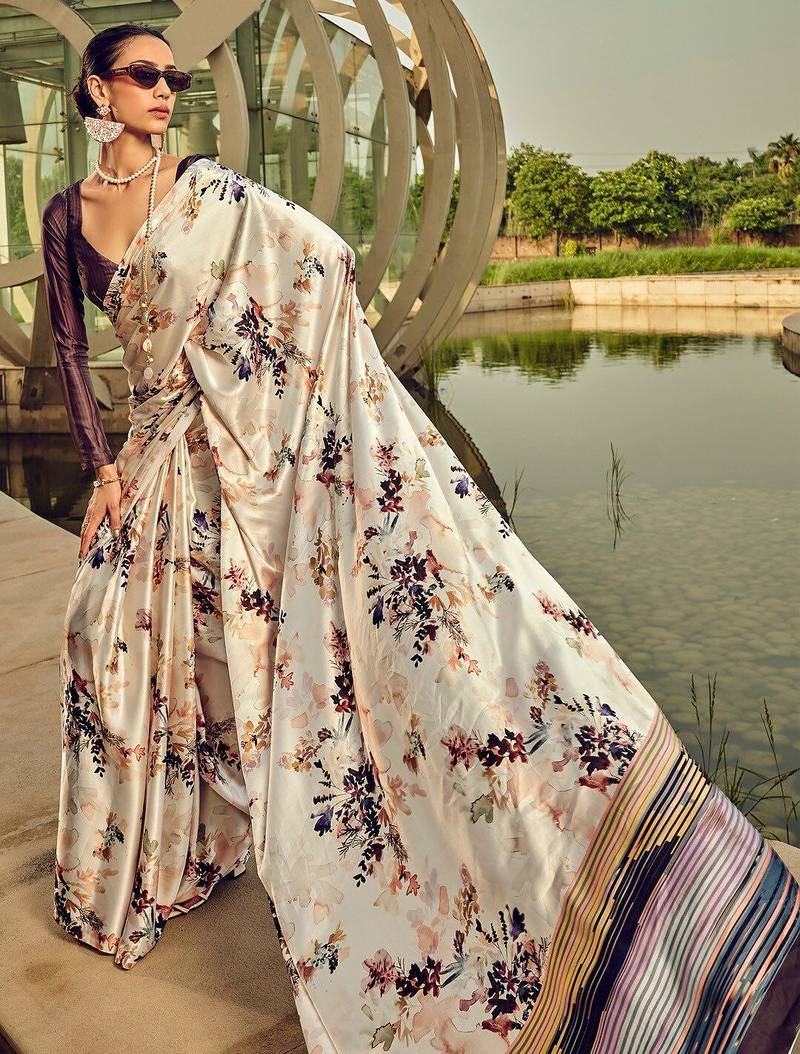 cream floral printed satin saree