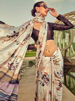 cream floral printed satin saree 2
