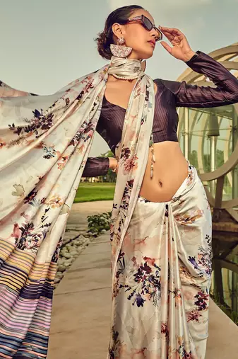 cream floral printed satin saree