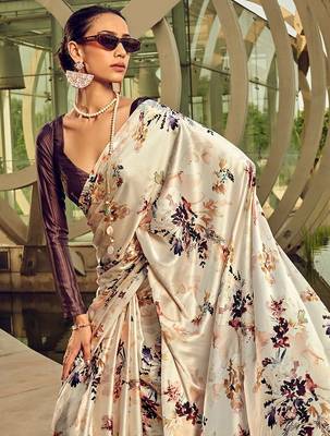 cream floral printed satin saree 3