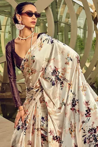 cream floral printed satin saree