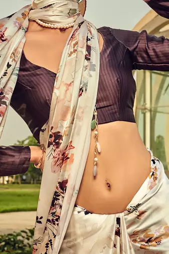 cream floral printed satin saree