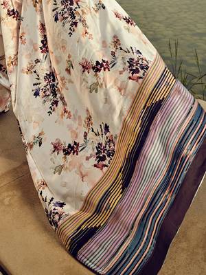 cream floral printed satin saree 5