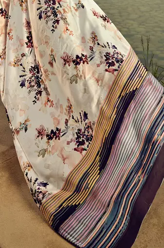 cream floral printed satin saree