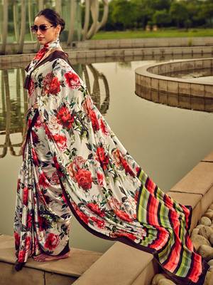 off_white floral printed satin saree 1