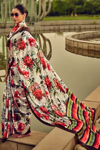 off_white floral printed satin saree