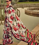 off_white floral printed satin saree