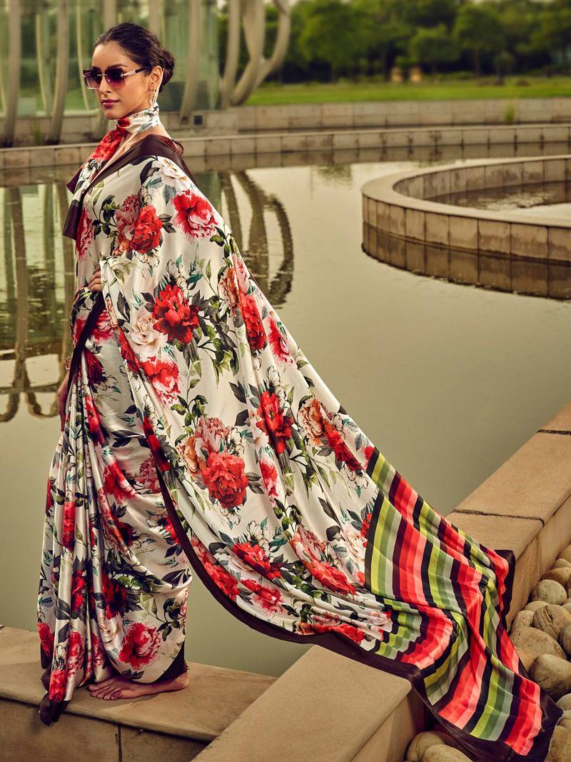 off_white floral printed satin saree
