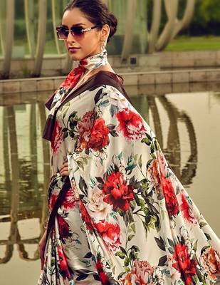off_white floral printed satin saree 2