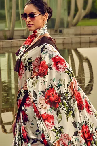 off_white floral printed satin saree
