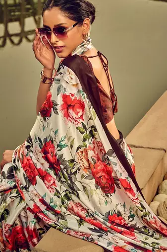 off_white floral printed satin saree