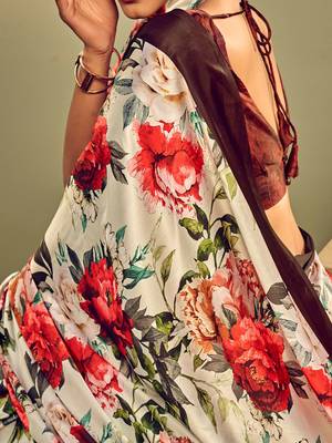 off_white floral printed satin saree 4