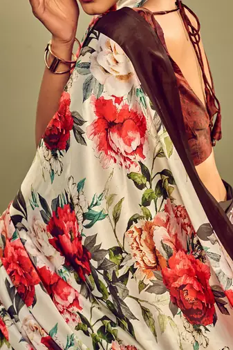 off_white floral printed satin saree