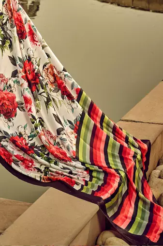 off_white floral printed satin saree