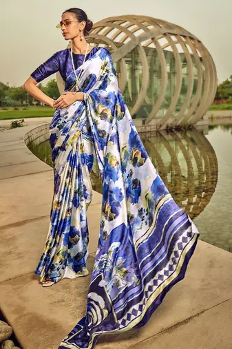 off_white abstract printed satin saree