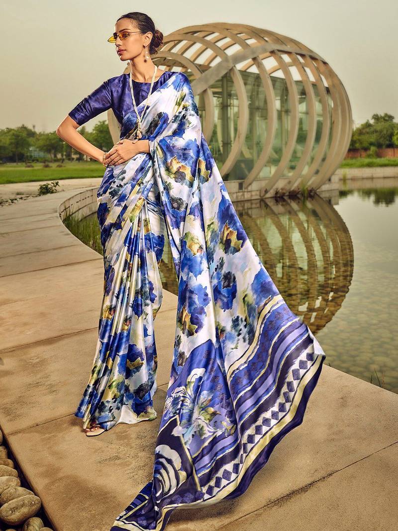 off_white abstract printed satin saree