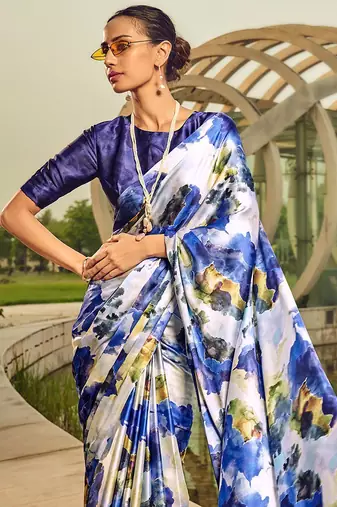 off_white abstract printed satin saree