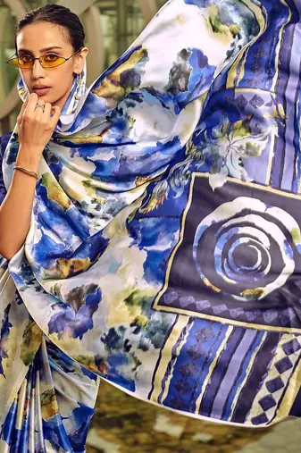 off_white abstract printed satin saree