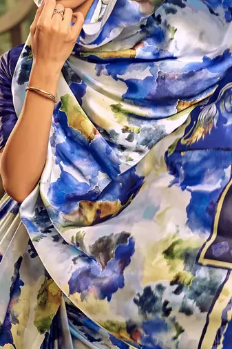 off_white abstract printed satin saree