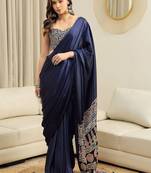 navy_blue ajrak satin ready to wear block printed saree