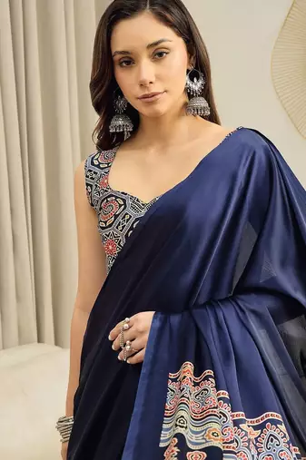 navy_blue ajrak satin ready to wear block printed saree