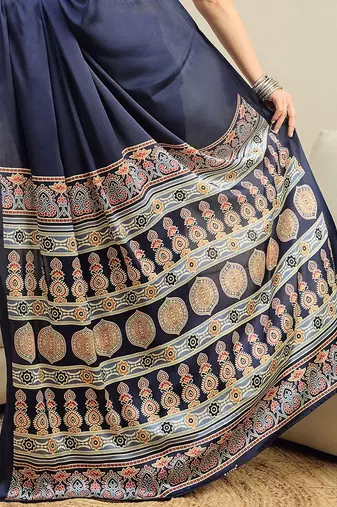 navy_blue ajrak satin ready to wear block printed saree