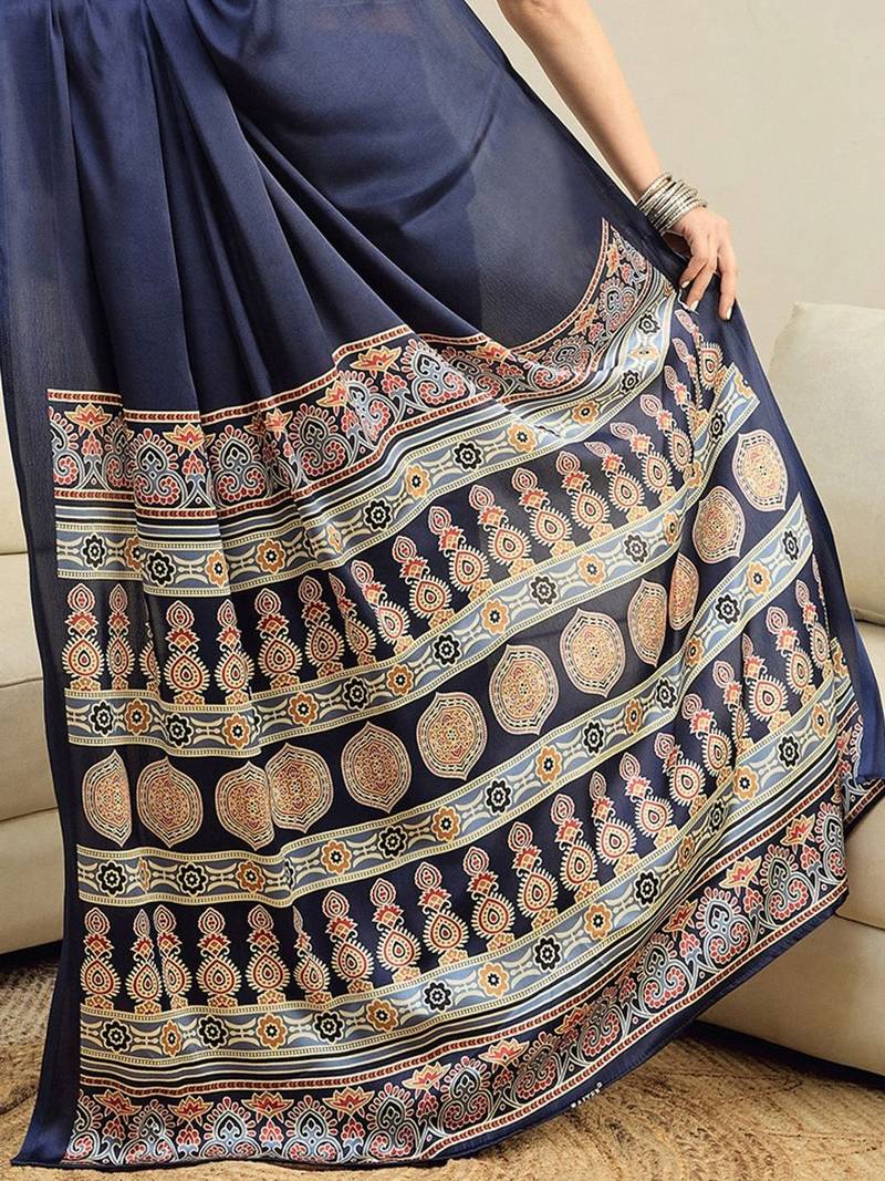 navy_blue ajrak satin ready to wear block printed saree