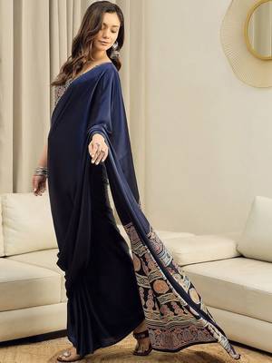 navy_blue ajrak satin ready to wear block printed saree 5