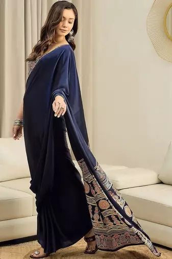 navy_blue ajrak satin ready to wear block printed saree