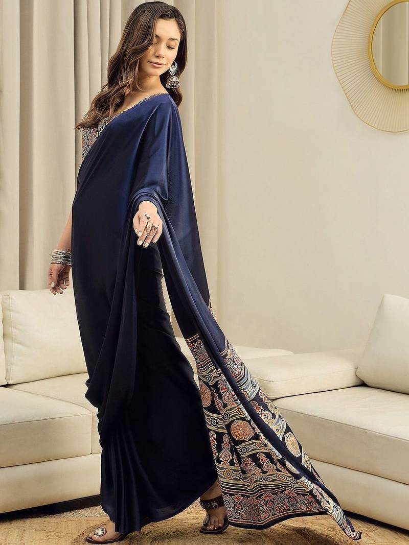 navy_blue ajrak satin ready to wear block printed saree