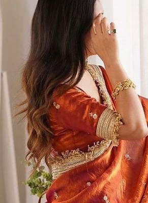 rust embellished embroidered satin designer saree 3
