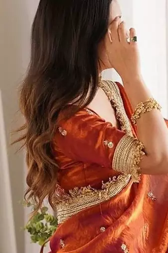 rust embellished embroidered satin designer saree
