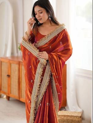 rust embellished embroidered satin designer saree 4